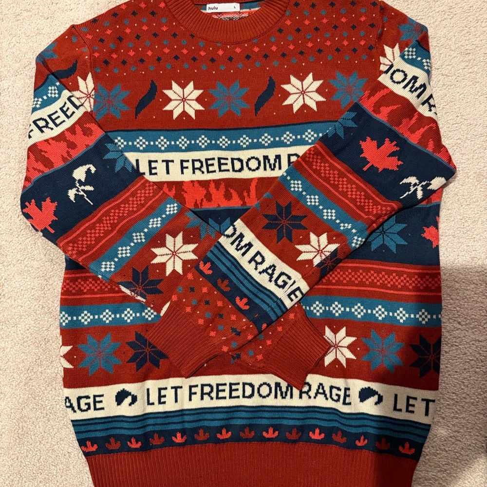Hulu Handmaid’s Tale Men's Red Patterned Holiday Sweater - LET FREEDOM RAGE